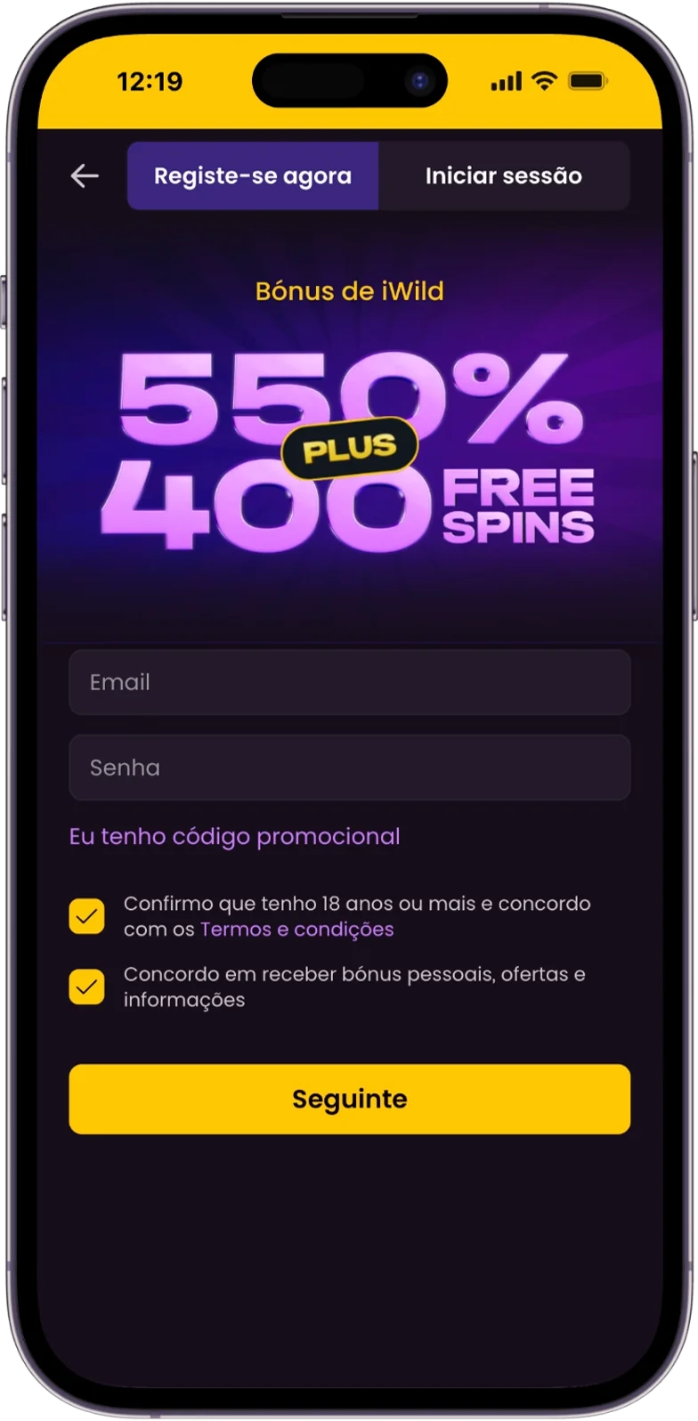 Registo do iWild Casino