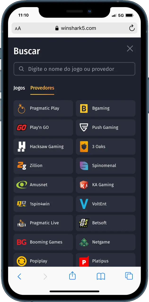 Winshark casino Fornecedores