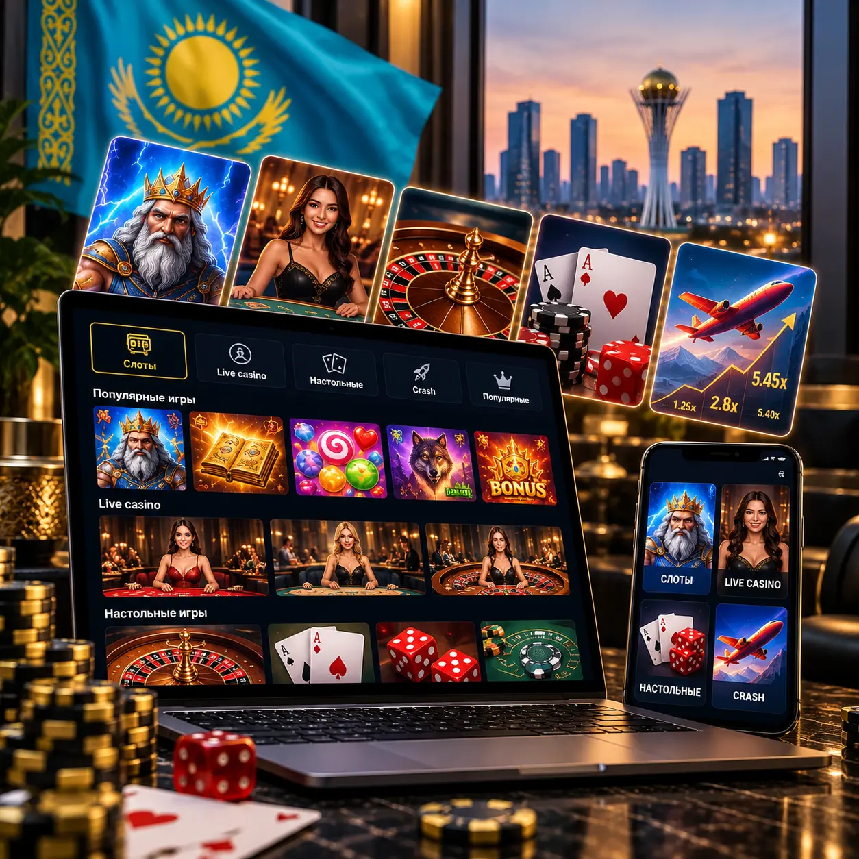 Картинка с играми в онлайн-казино для игроков из Казахстана: слоты, live casino, настольные и crash-игры